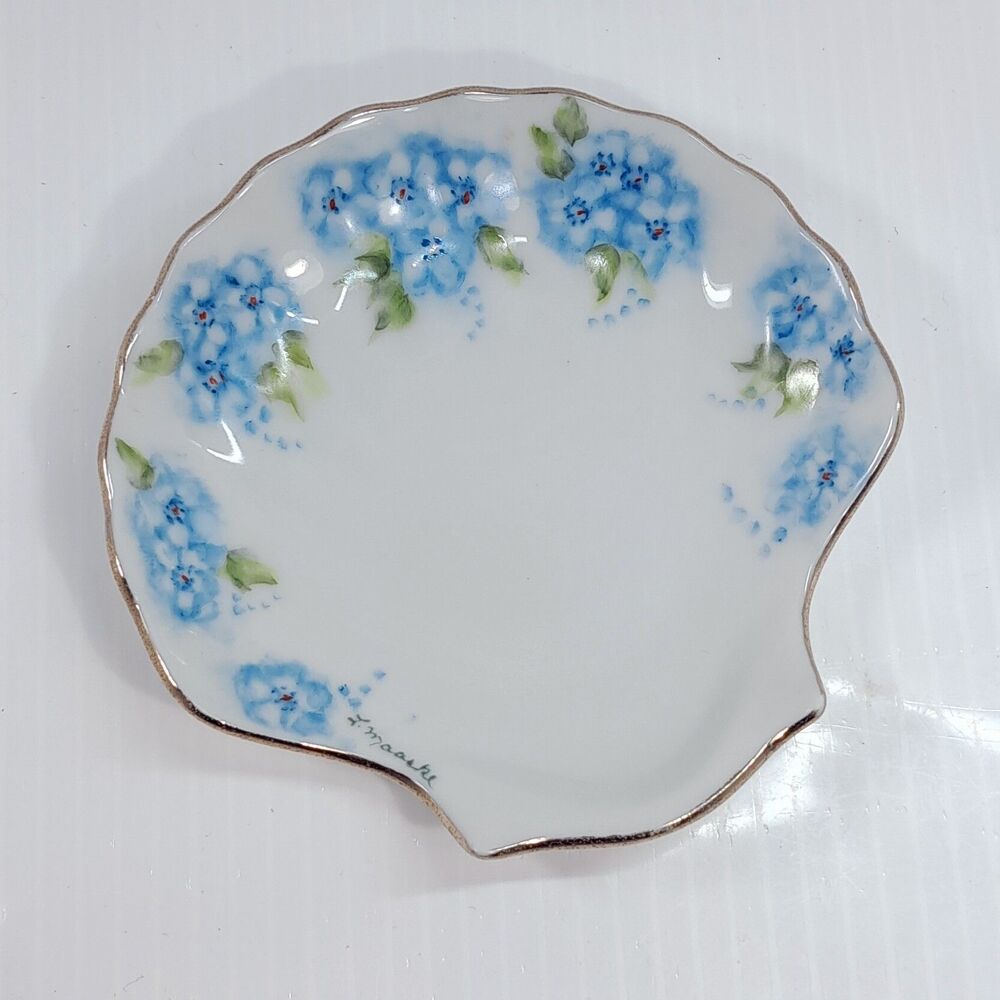 Forget me not seashell shell trinket tray dish blue flowers floral gold trim